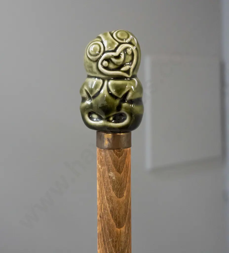 walking stick with brass ferrule, ceramic tiki knob. Cane has age wear, tiki may have been added more recently - L-950 Image 1++