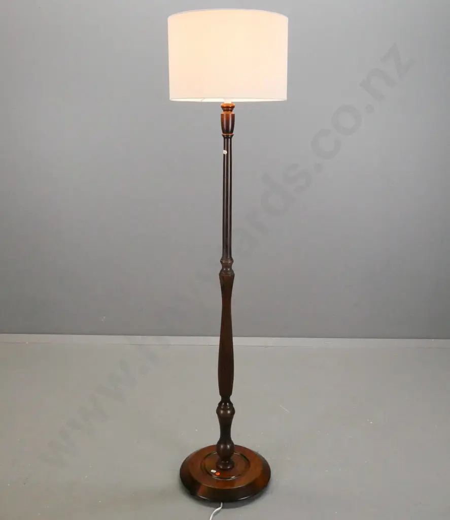 retro mixed timbers standard lamp with shaped & fluted column, circular base on 3 bun feet, cylindrical fabric shade Image 1++