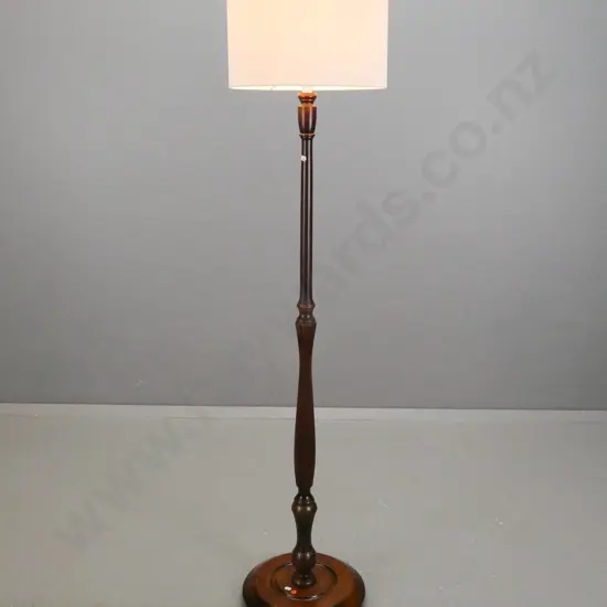 retro mixed timbers standard lamp with shaped & fluted column, circular base on 3 bun feet, cylindrical fabric shade
