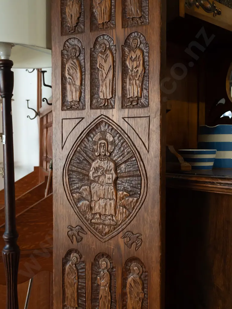 vintage oak ecclesiastical high back stool with square section legs, one-piece back naively carved with Jesus and the 12 Image 1++