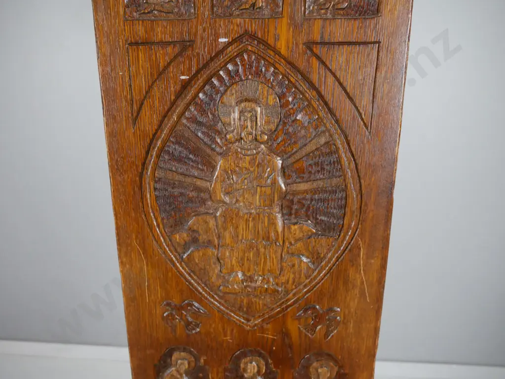 vintage oak ecclesiastical high back stool with square section legs, one-piece back naively carved with Jesus and the 12 Image 1++