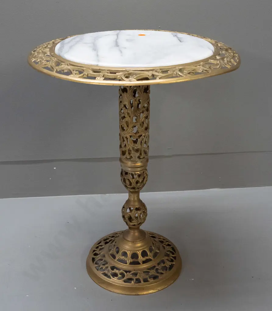 pierced cast brass wine or plant table with circular lift out marble insert - top warped H-450 Top D-360 Image 1++