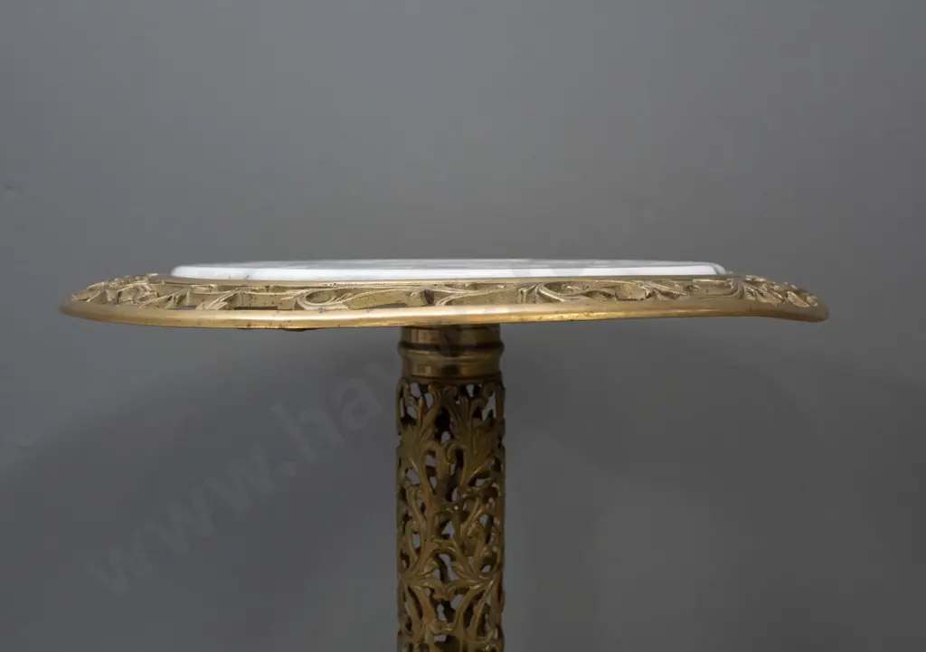 pierced cast brass wine or plant table with circular lift out marble insert - top warped H-450 Top D-360 Image 1++