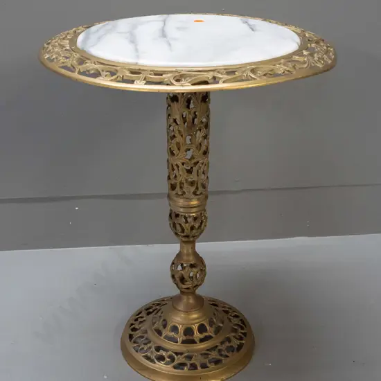 pierced cast brass wine or plant table with circular lift out marble insert - top warped H-450 Top D-360