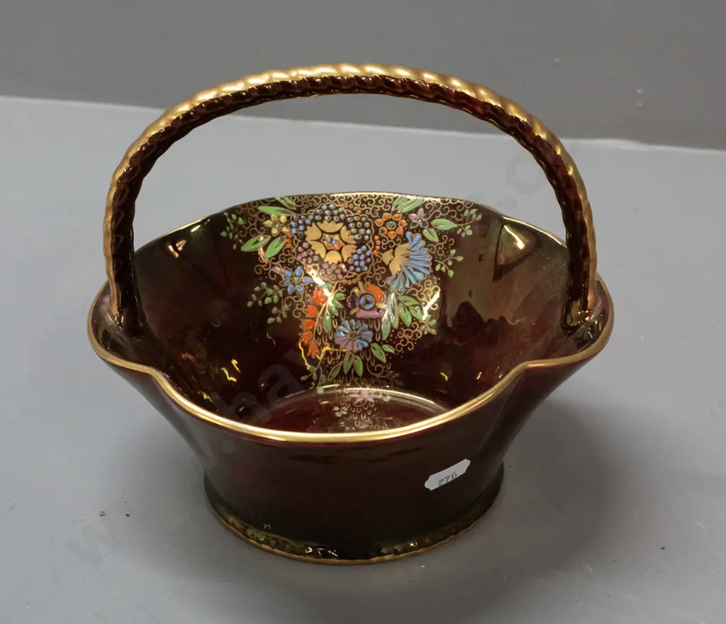 Crown Devon basket - raised floral enamel decoration on red ground, gilded rim and twisted handle H-170 L-190 Image 1++