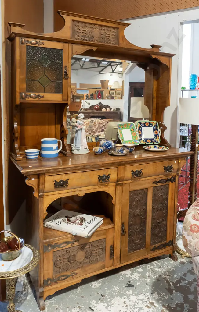 vintage beech art nouveau style mirror-back sideboard with bevelled edge mirror, single door leadlight cupboard, copper Image 1++