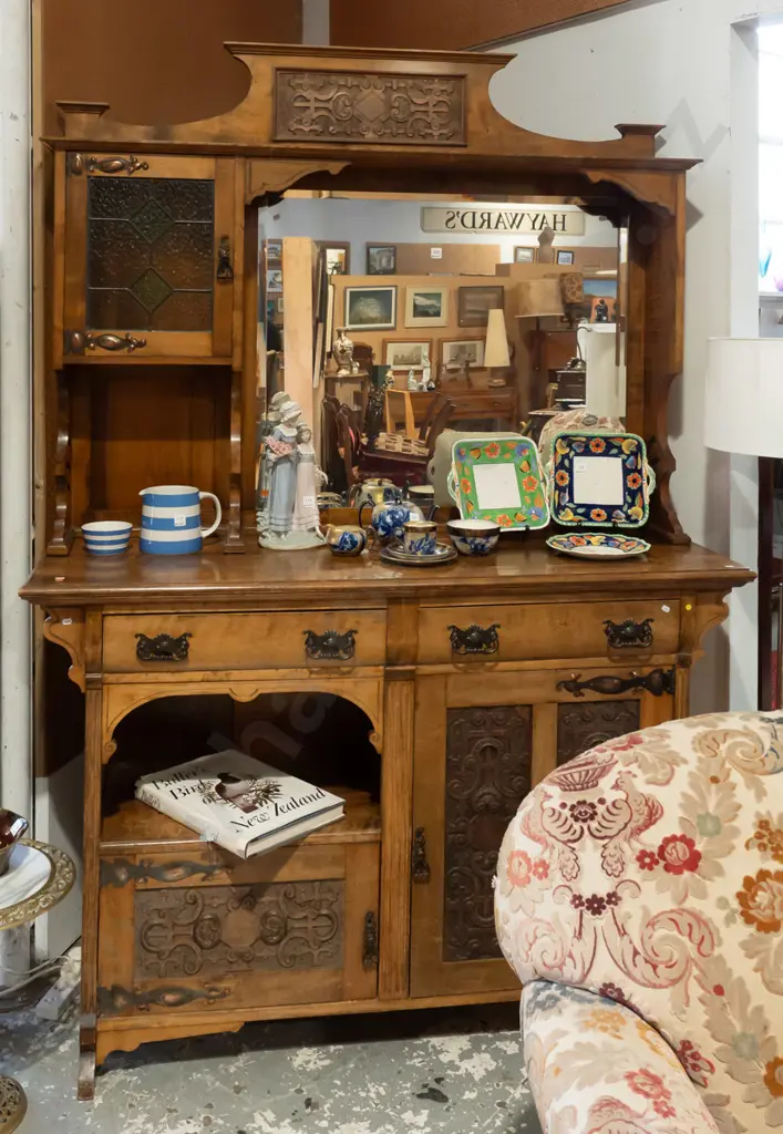 vintage beech art nouveau style mirror-back sideboard with bevelled edge mirror, single door leadlight cupboard, copper Image 1++