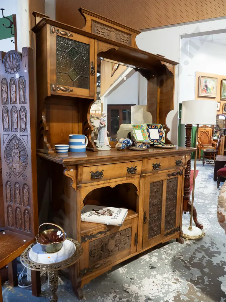 vintage beech art nouveau style mirror-back sideboard with bevelled edge mirror, single door leadlight cupboard, copper Image 1++