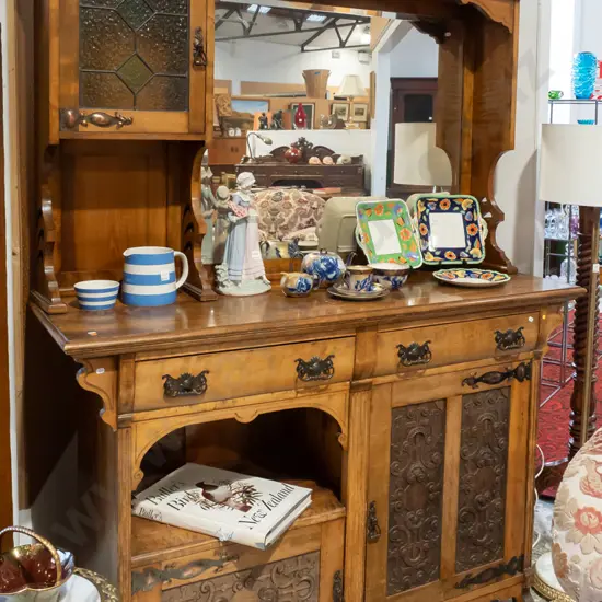 vintage beech art nouveau style mirror-back sideboard with bevelled edge mirror, single door leadlight cupboard, copper