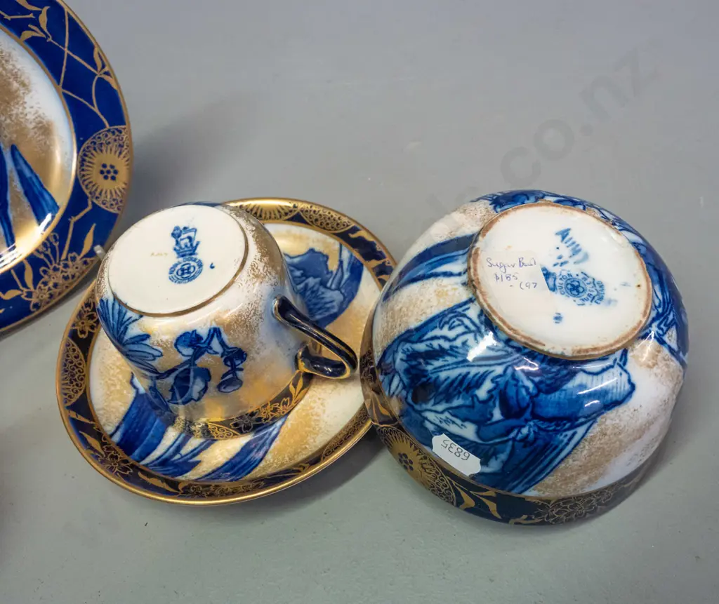 vintage Royal Doulton Iris pattern teapot, trio, cream & sugar - some crazing, small glaze chip on base of teapot L190 Image 1++