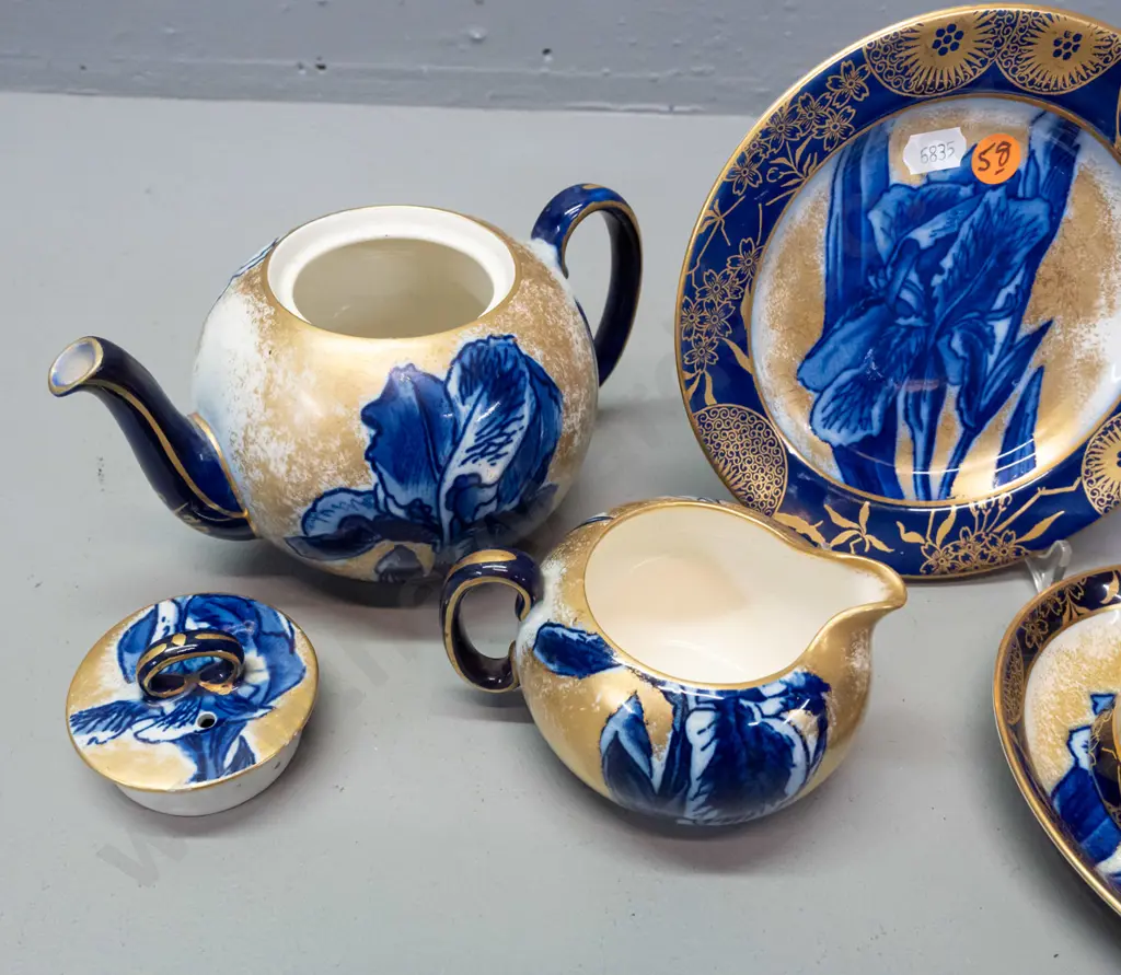 vintage Royal Doulton Iris pattern teapot, trio, cream & sugar - some crazing, small glaze chip on base of teapot L190 Image 1++