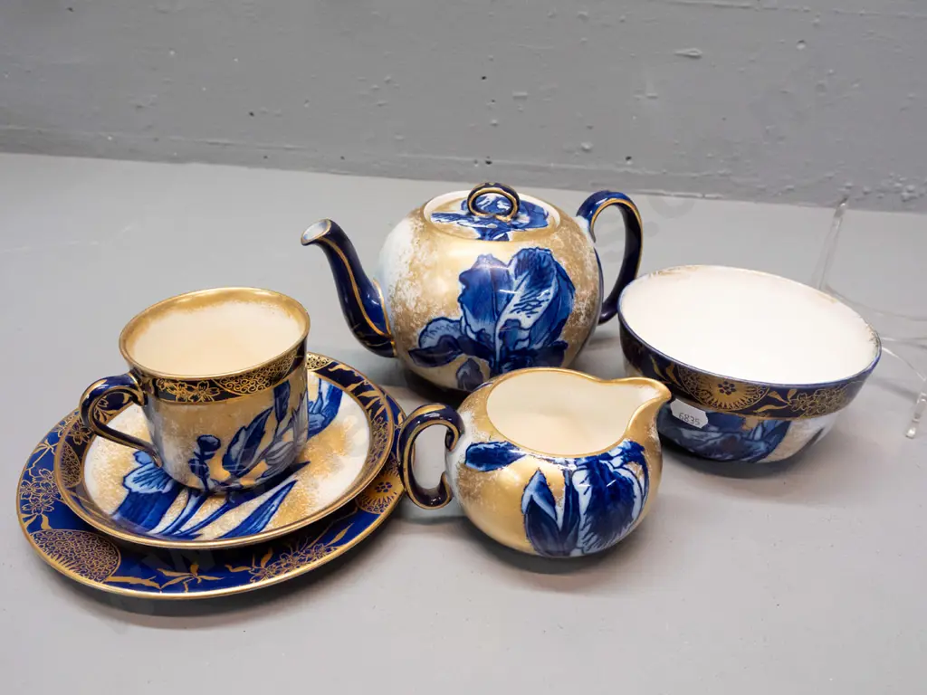 vintage Royal Doulton Iris pattern teapot, trio, cream & sugar - some crazing, small glaze chip on base of teapot L190 Image 1++