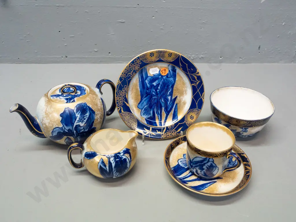vintage Royal Doulton Iris pattern teapot, trio, cream & sugar - some crazing, small glaze chip on base of teapot L190 Image 1++