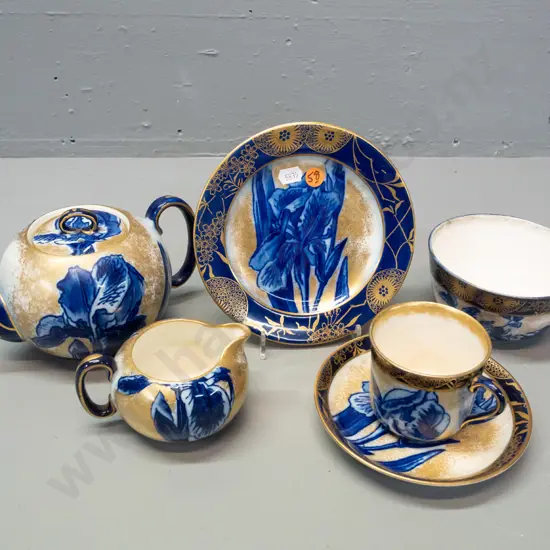 vintage Royal Doulton Iris pattern teapot, trio, cream & sugar - some crazing, small glaze chip on base of teapot L190