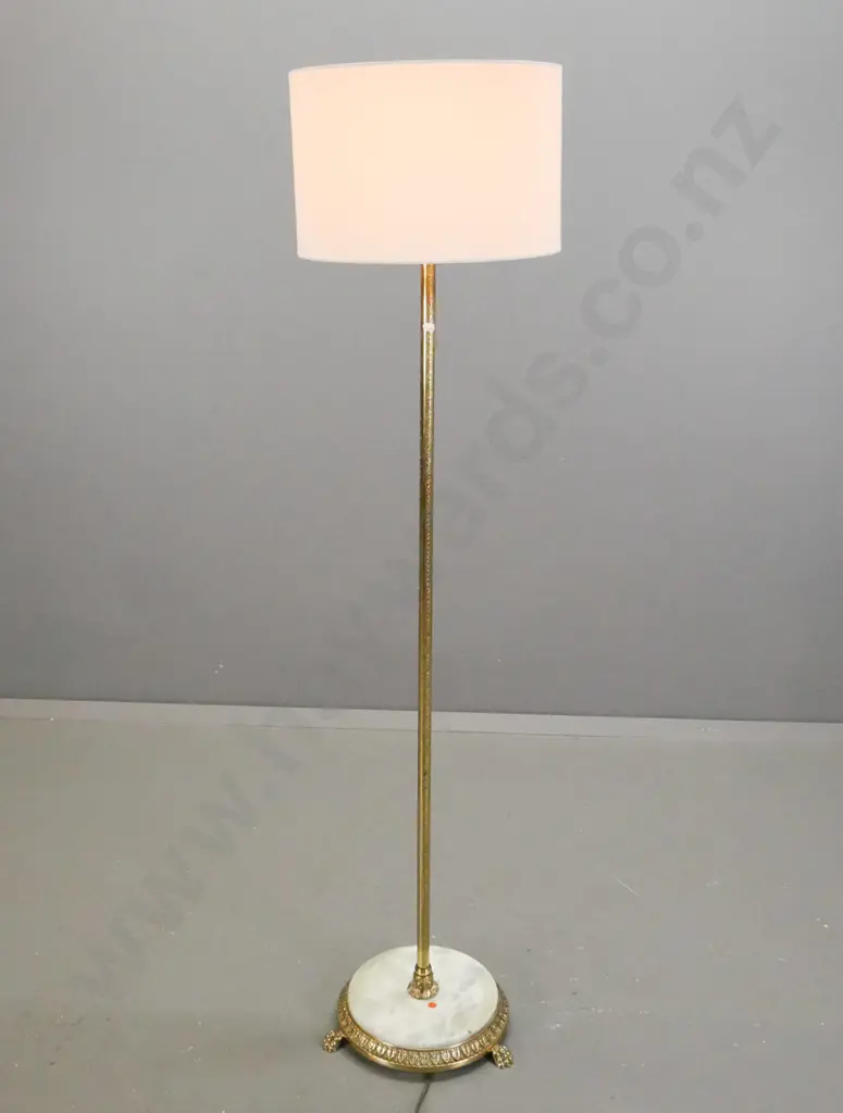Coverley NZ retro standard lamp with white veined marble & cast brass base lion's paw feet, brass column with bands of Image 1++
