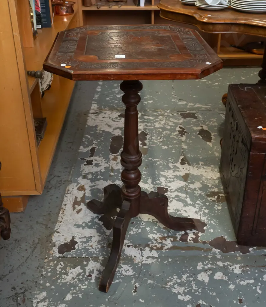 colonial kauri & rimu wine table - chip-carved square top with canted corners, turned column base, 3 chip carved shaped Image 1++