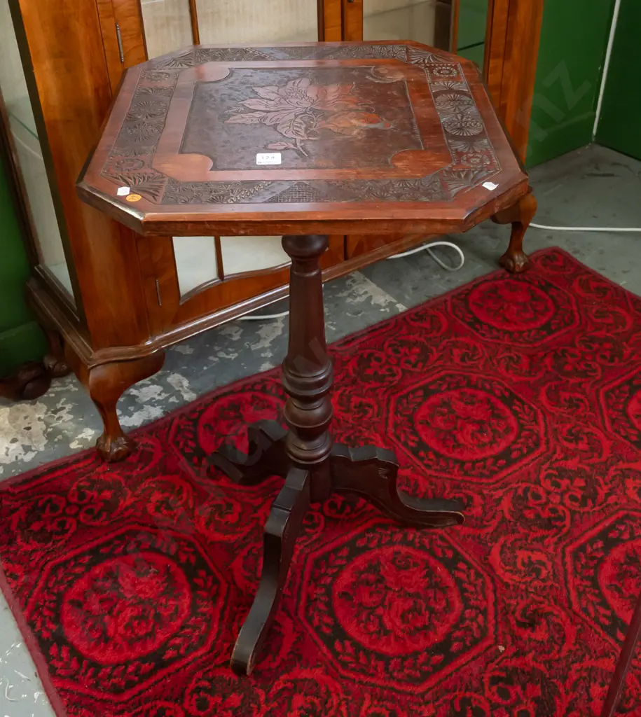 colonial kauri & rimu wine table - chip-carved square top with canted corners, turned column base, 3 chip carved shaped Image 1++