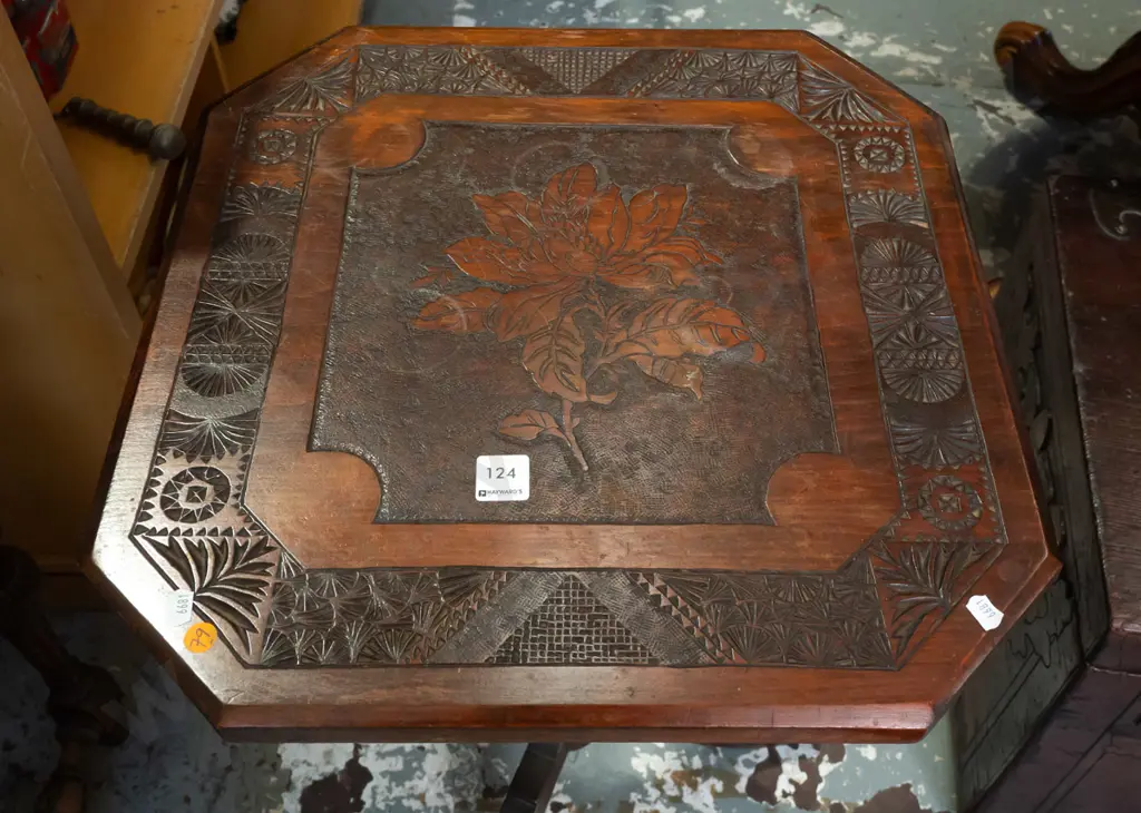 colonial kauri & rimu wine table - chip-carved square top with canted corners, turned column base, 3 chip carved shaped Image 1++