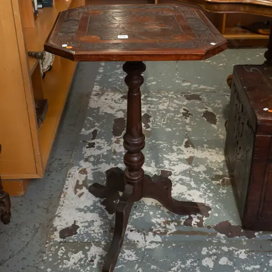 colonial kauri & rimu wine table - chip-carved square top with canted corners, turned column base, 3 chip carved shaped