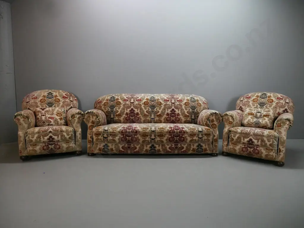 1930s vintage 3-piece rolled-arm chesterfield lounge suite on wooden bun feet, covered in in classical bird & floral Image 1++