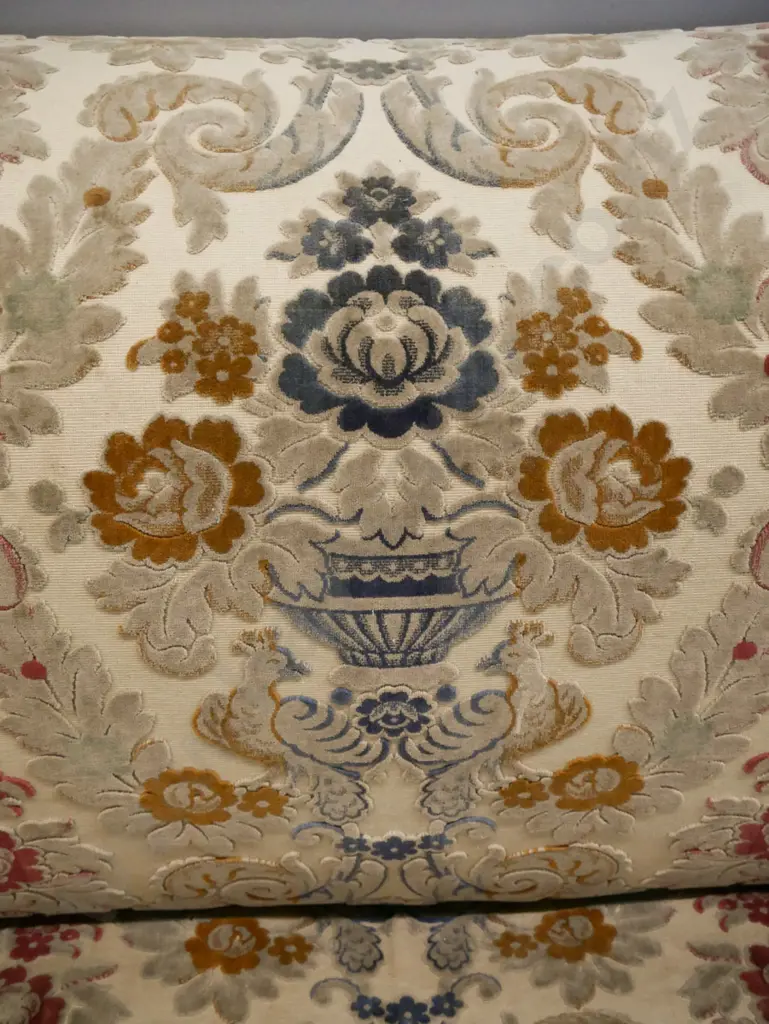 1930s vintage 3-piece rolled-arm chesterfield lounge suite on wooden bun feet, covered in in classical bird & floral Image 1++