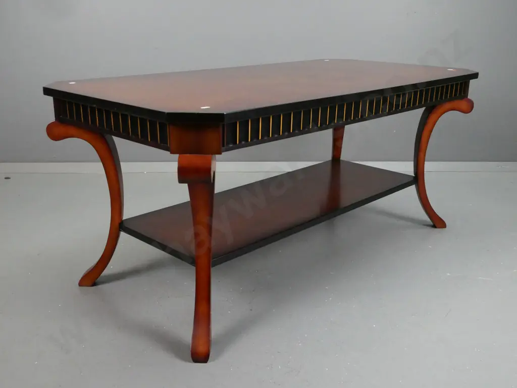 retro style walnut and mahogany veneer and mixed timber 2-tier coffee table with ebonised & gilded edging - some wear to Image 1++