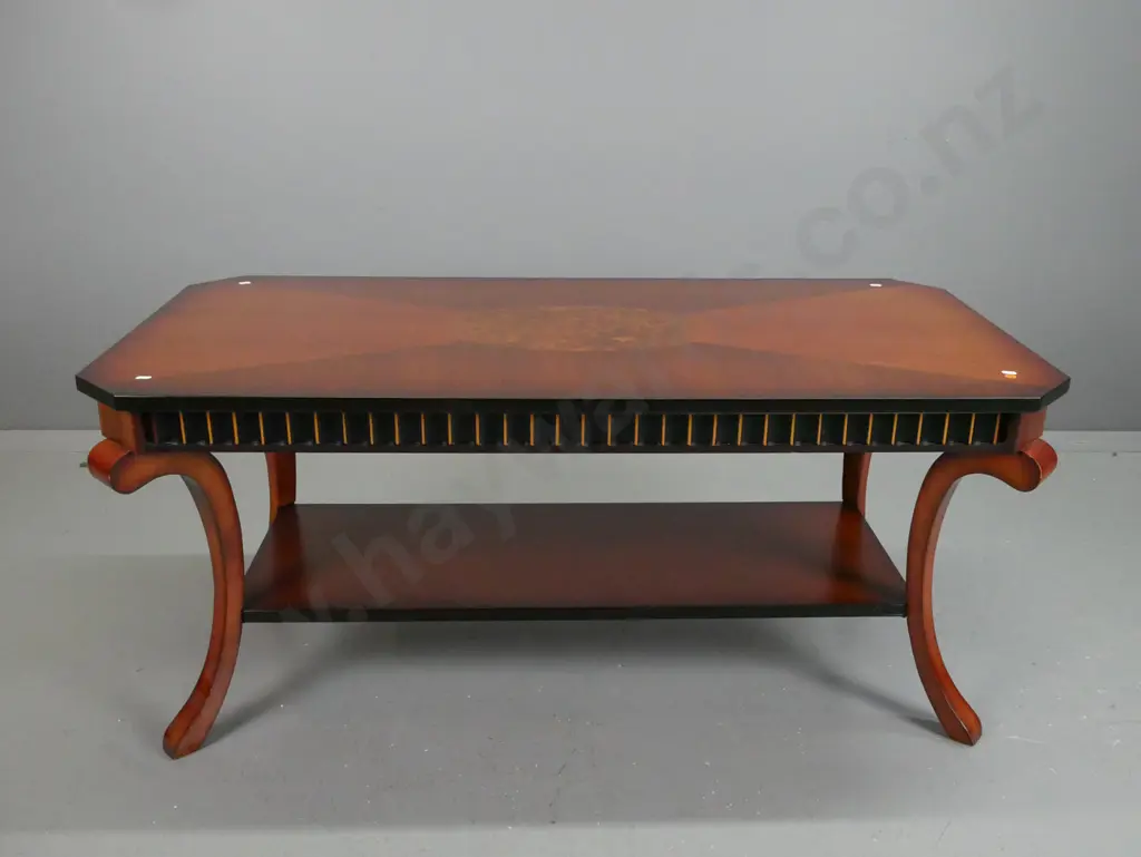 retro style walnut and mahogany veneer and mixed timber 2-tier coffee table with ebonised & gilded edging - some wear to Image 1++