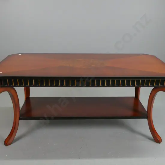 retro style walnut and mahogany veneer and mixed timber 2-tier coffee table with ebonised & gilded edging - some wear to
