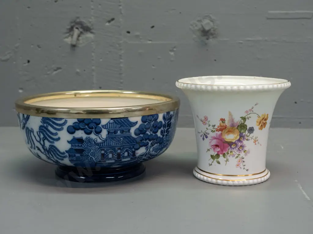 Royal Doulton blue & white willow pattern fruit or salad bowl with silver plated rim and a Royal Crown Derby vase with Image 1++