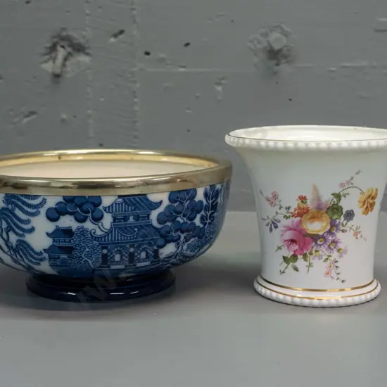 Royal Doulton blue & white willow pattern fruit or salad bowl with silver plated rim and a Royal Crown Derby vase with