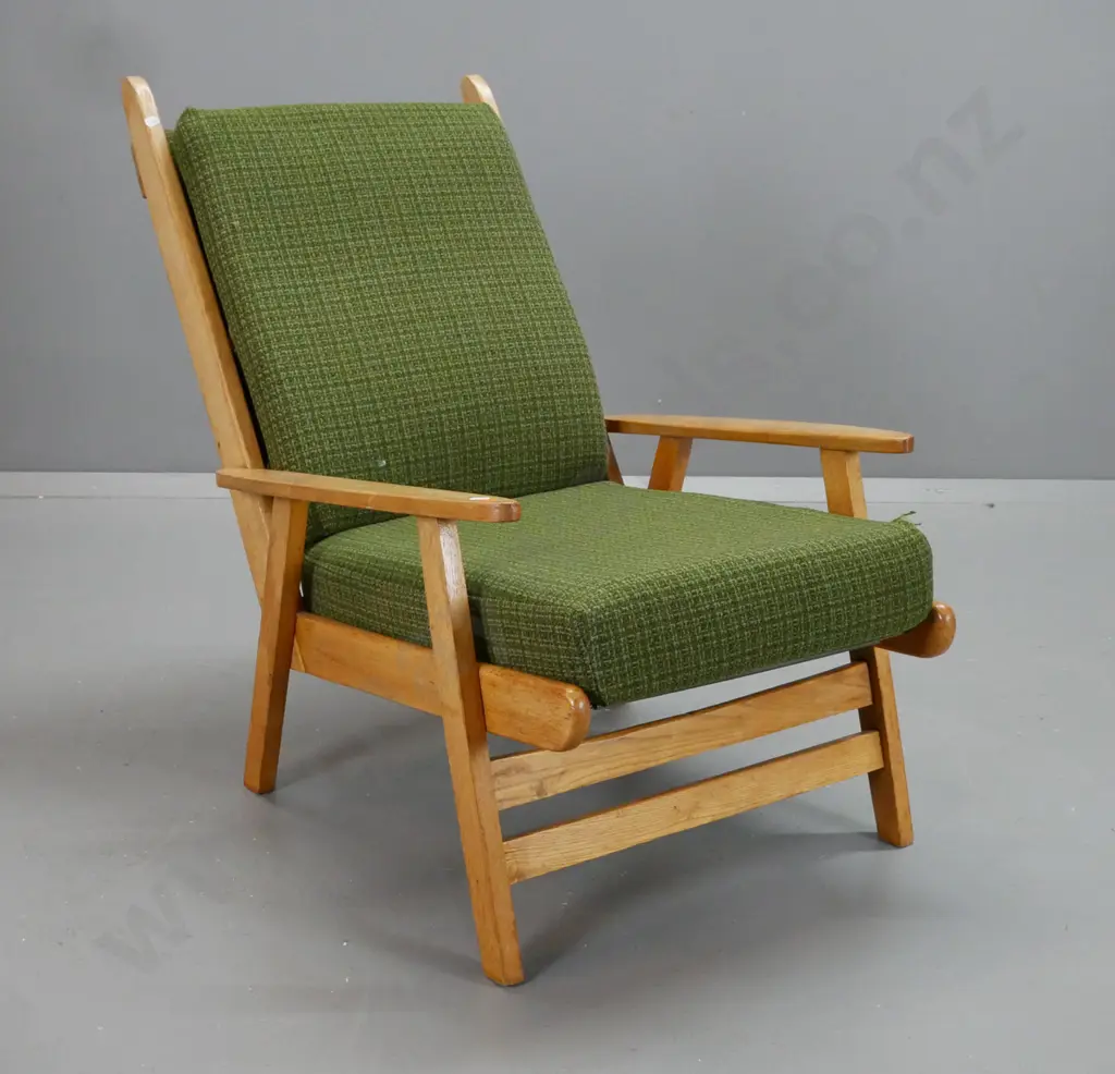mid-century oak & elm armchair with removable squabs, spring seat & back - damage to fabric in a few spots, Image 1++