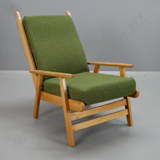 mid-century oak & elm armchair with removable squabs, spring seat & back - damage to fabric in a few spots,