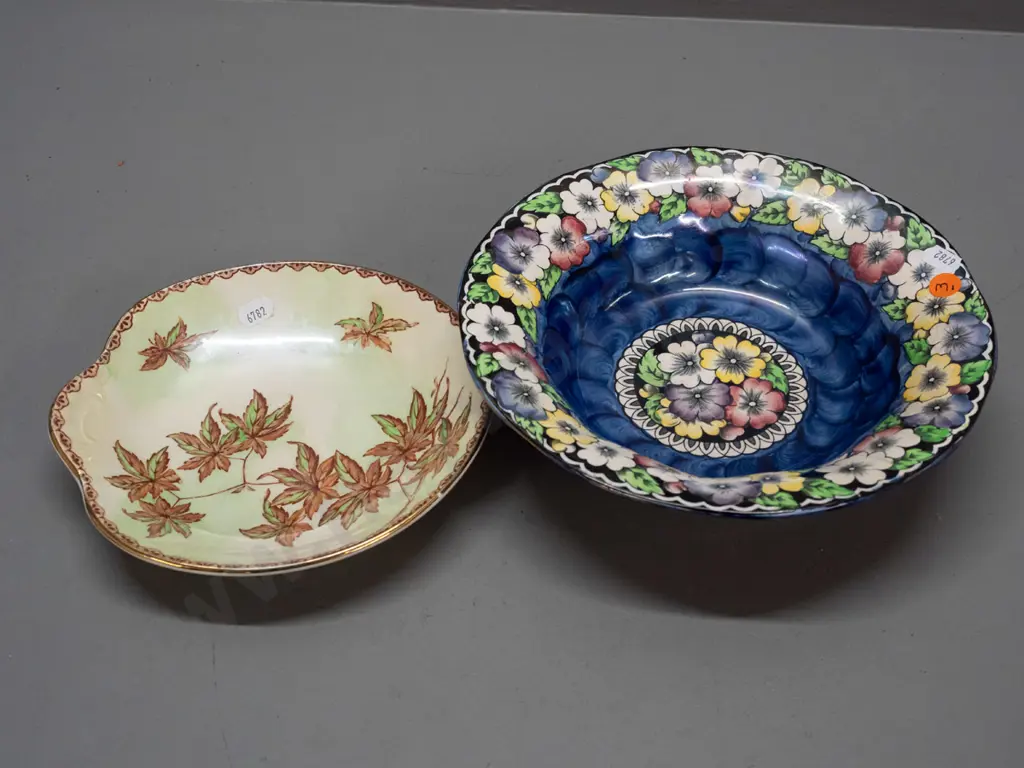 2 vintage Maling bowls - blue thumbprint with floral border H-60 D-230 and "Golden Spray" with maple leaf decoration Image 1++