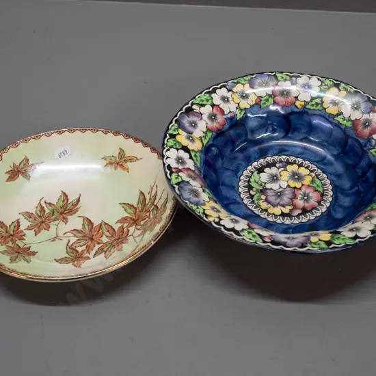 2 vintage Maling bowls - blue thumbprint with floral border H-60 D-230 and "Golden Spray" with maple leaf decoration