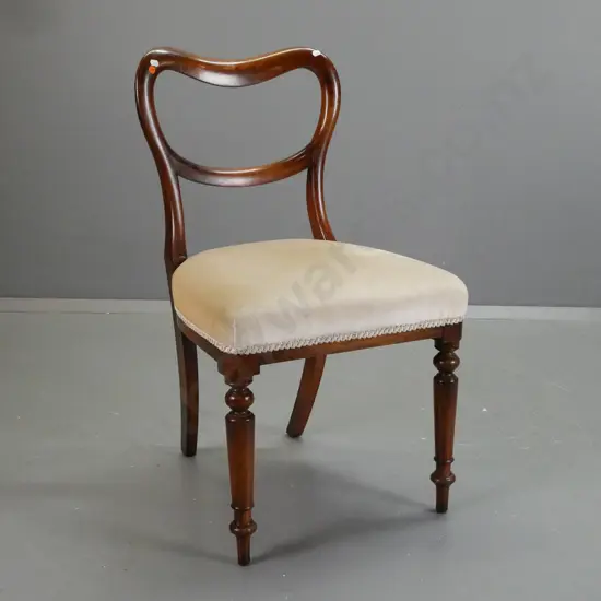 Victorian mahogany side chair with shaped back, turned front legs, taupe velvet upholstered seats - loose top rail,