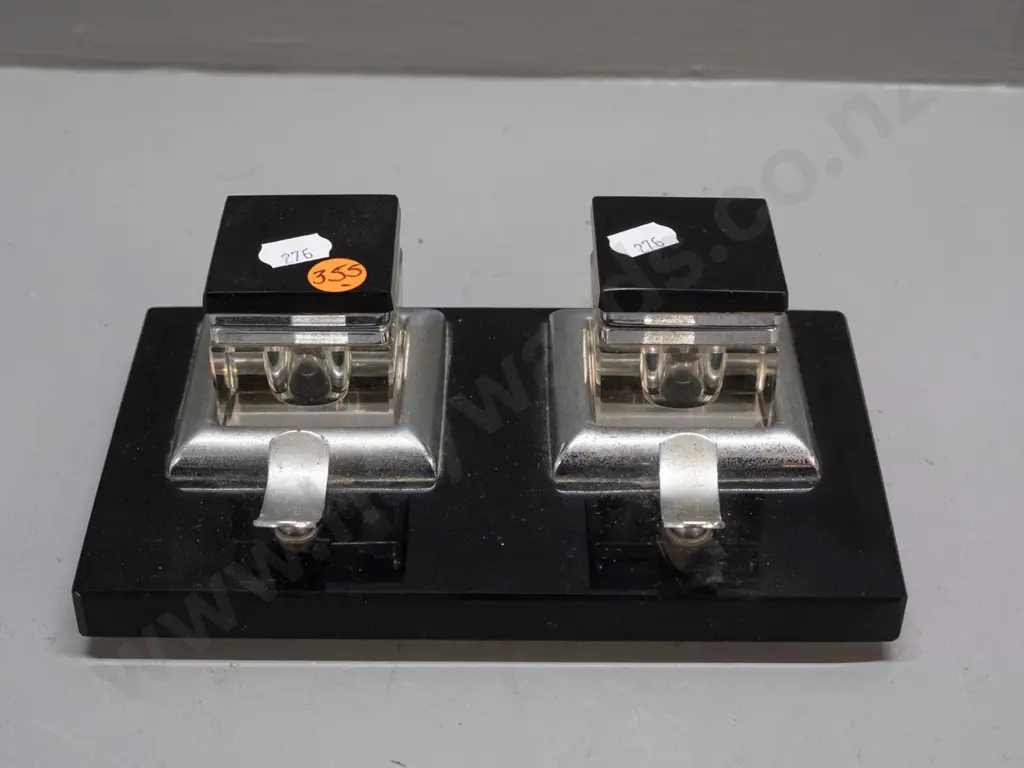 deco style black glass or vitrolite desk set with square inkwells with clear base & black glass and plated hinged lids, Image 1++