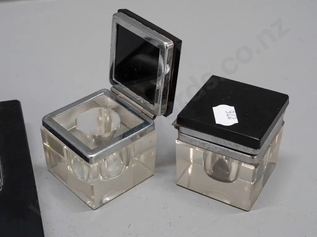 deco style black glass or vitrolite desk set with square inkwells with clear base & black glass and plated hinged lids, Image 1++