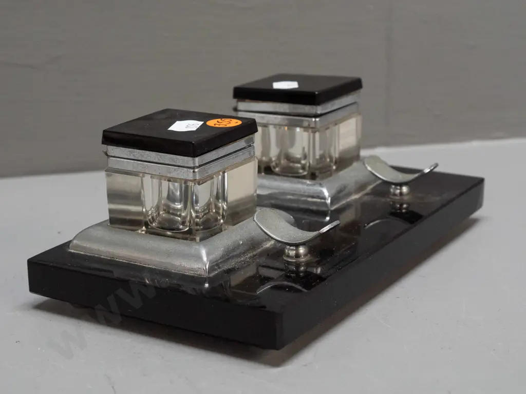 deco style black glass or vitrolite desk set with square inkwells with clear base & black glass and plated hinged lids, Image 1++