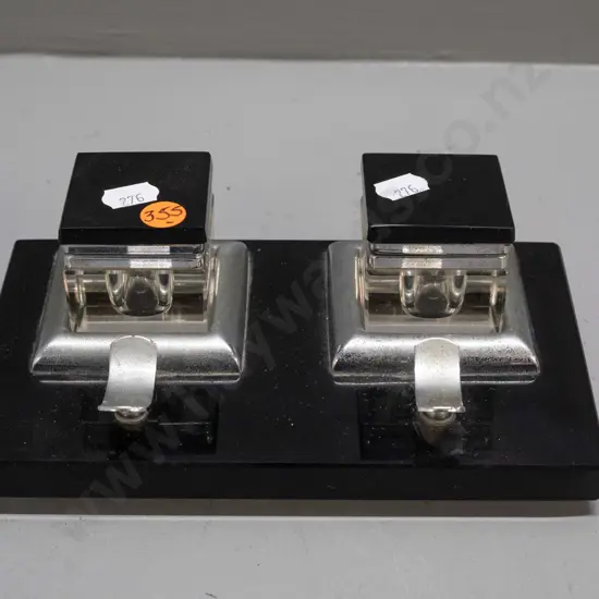 deco style black glass or vitrolite desk set with square inkwells with clear base & black glass and plated hinged lids,