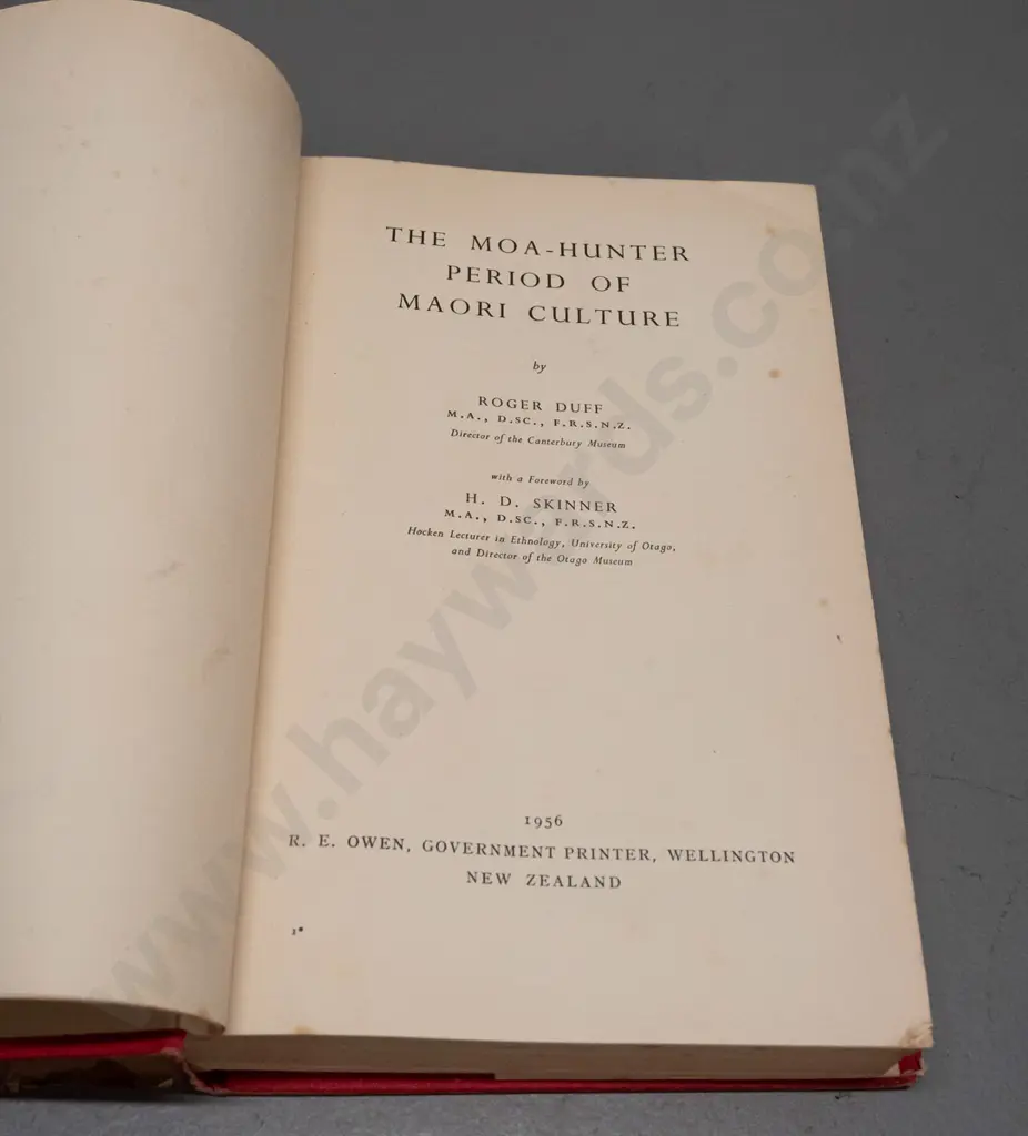 1956 book - The Moa-Hunter Period of Maori Culture - Roger Duff, 2nd edition - some tears to dust jacket, overall foxing Image 1++