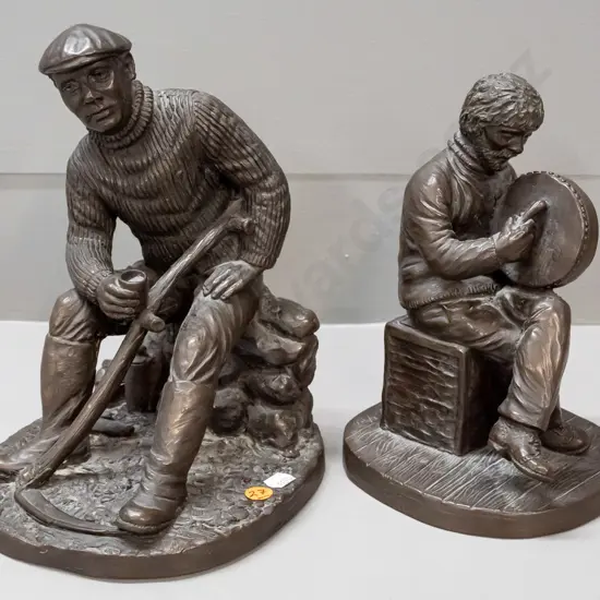 2 composite figures with labels: musician playing bodhran and resting farmer with scythe H-230, both have label: