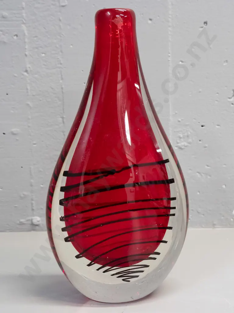 very heavy art glass vase - clear over red core with black swirling pattern, flattened bottle shape H-310 W-150 Image 1++
