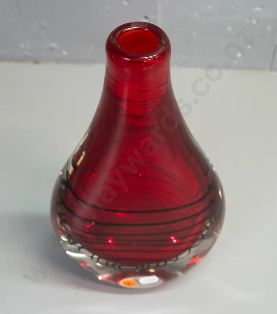 very heavy art glass vase - clear over red core with black swirling pattern, flattened bottle shape H-310 W-150 Image 1++