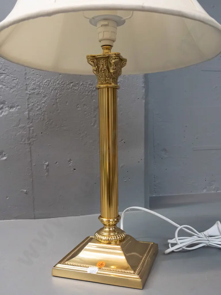 brass table lamp with corinthian capital fluted stem, Contessa label on base, paneled fabric shade H-590 Base 150x150 Image 1++