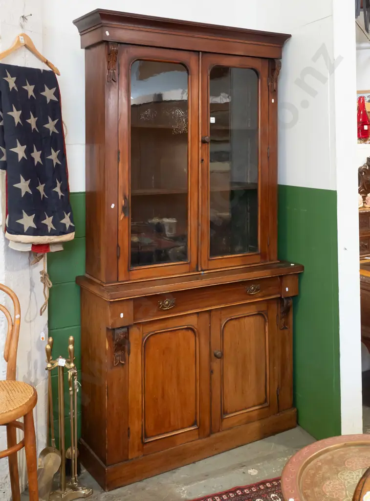 late Victorian mahogany bookcase chiffonier: 2 archtop glazed doors, w/ 2 adjustable replacement shelves. Base long top Image 1++