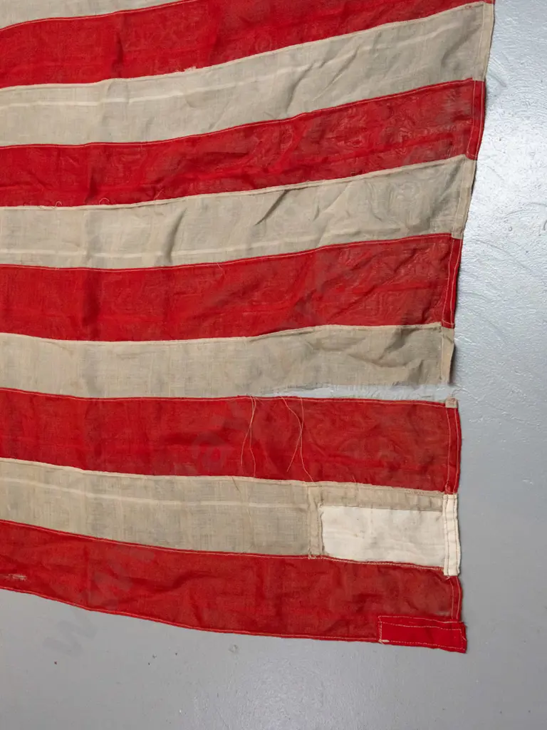 vintage "Stars and Stripes" U.S. flag with rope and toggle - a tear at top, some repairs, fraying & Image 1++