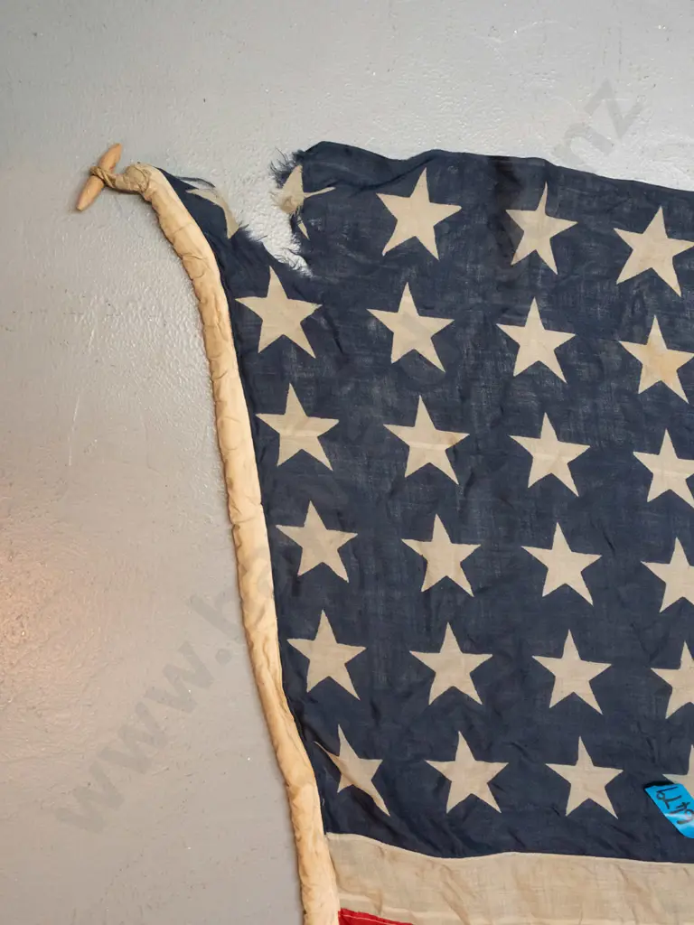 vintage "Stars and Stripes" U.S. flag with rope and toggle - a tear at top, some repairs, fraying & Image 1++