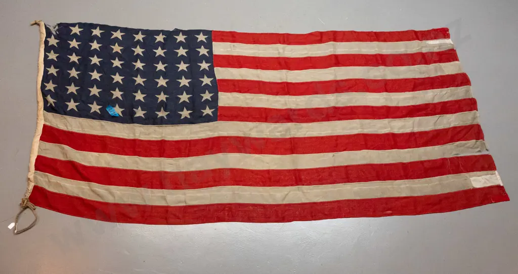 vintage "Stars and Stripes" U.S. flag with rope and toggle - a tear at top, some repairs, fraying & Image 1++
