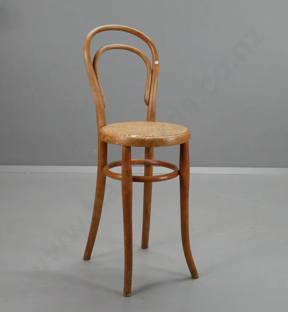 bent wood counter chair with hand-woven cane insert seat - has loose back, some wear to surface H-910 W-320 D-340 Image 1++