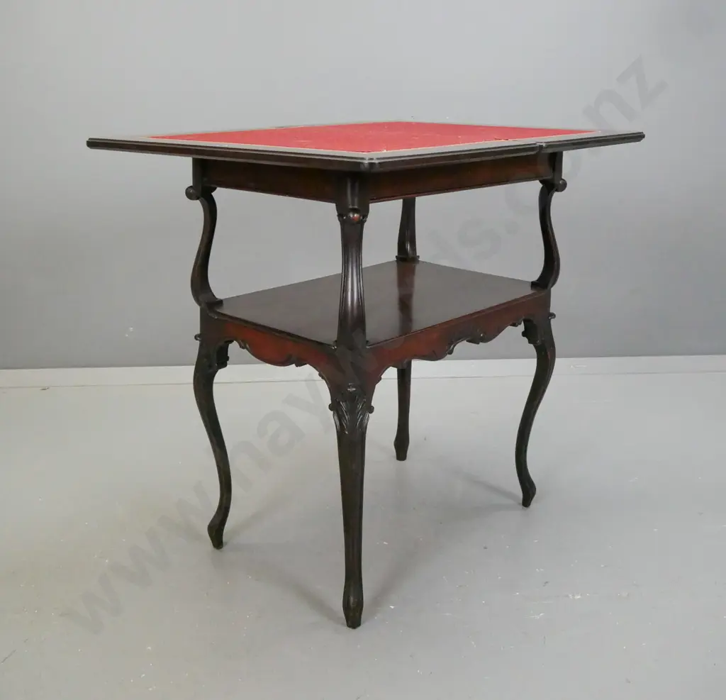 vintage mahogany 2-tiered games table with fold-out top, gold-tooled leather and felt top insert, shaped cab legs and Image 1++